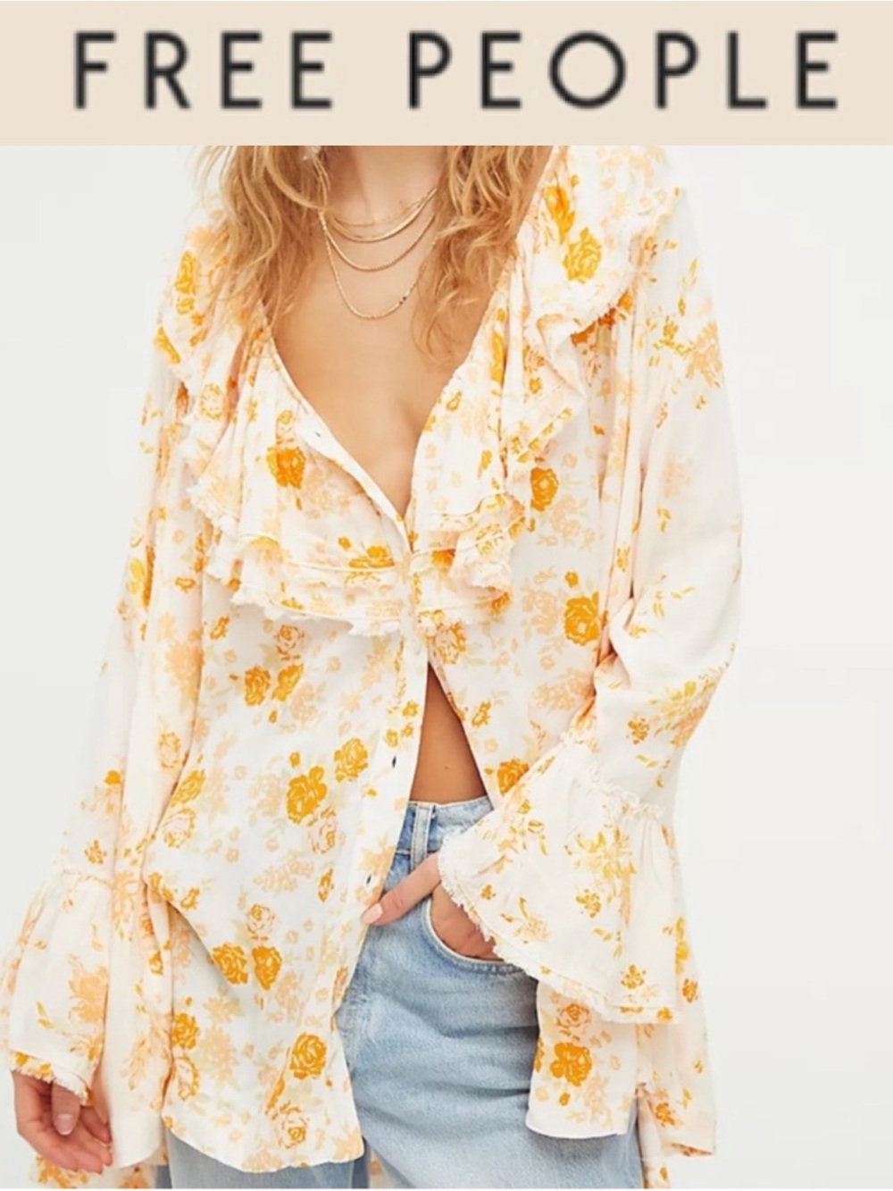 FREE PEOPLE LORETTA FLORAL TUNIC BLOUSE IVORY COMBO BOHO RUFFLE OVERSIZED NWT